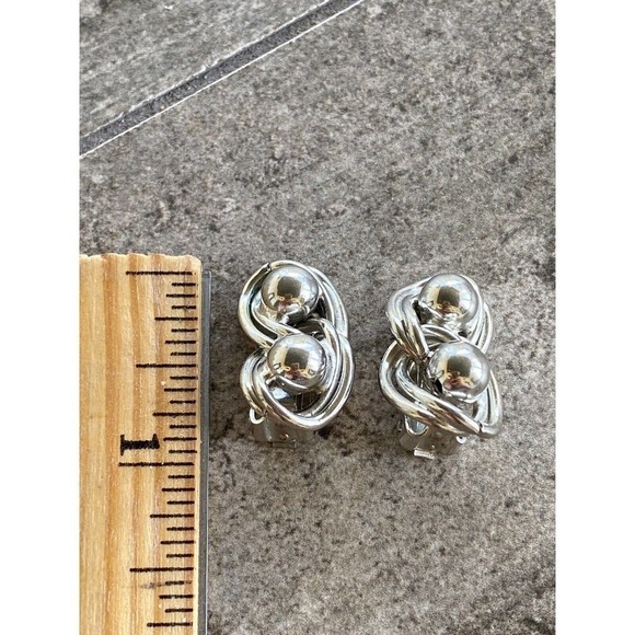 Vintage Clip Ons Earrings Silver Tone Abstract Design Geometric Art Deco - Picture 3 of 11